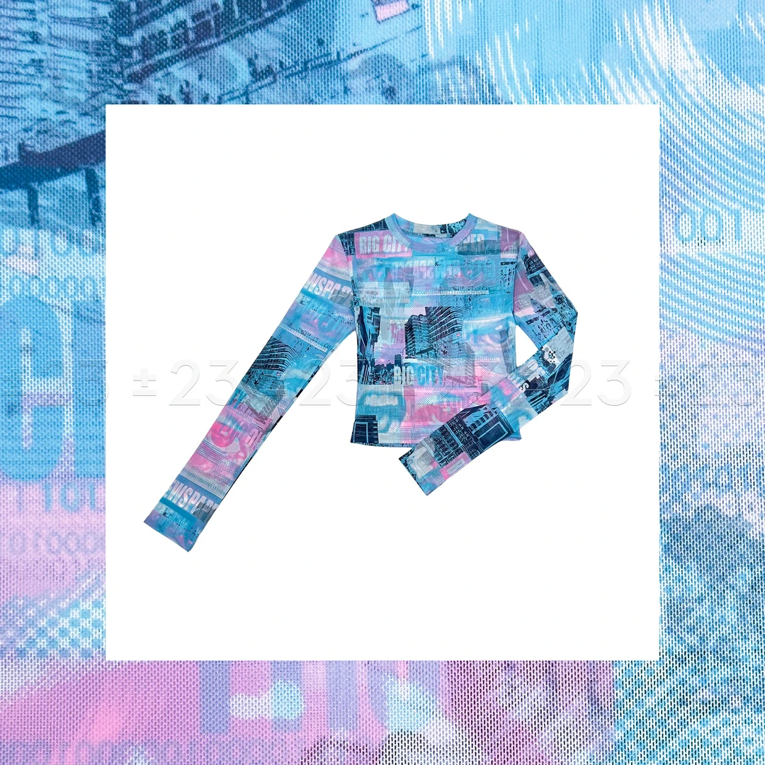 Kenny‘s ±23【都市丽人】SS25013春夏蓝色涂鸦修身款网纱圆领长袖