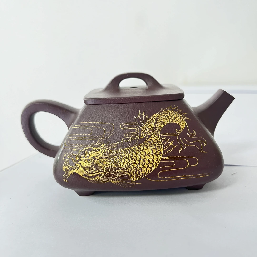 【精品紫砂】-lot028-四方石瓢-老紫泥-260cc-李立科刻绘+许悦制壶