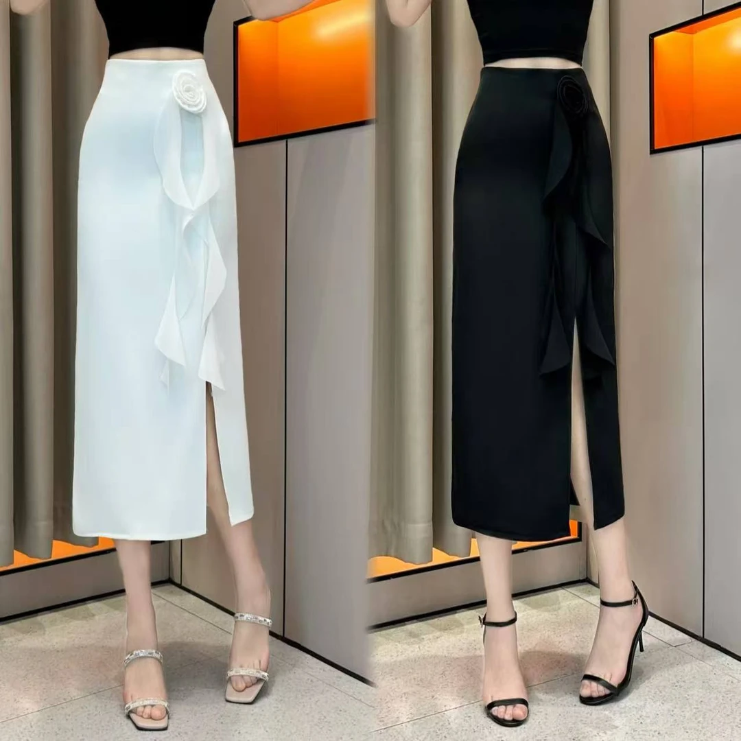 【时尚玫瑰】夏季薄款开叉花朵半身裙后拉链时尚百搭修身显瘦气质女