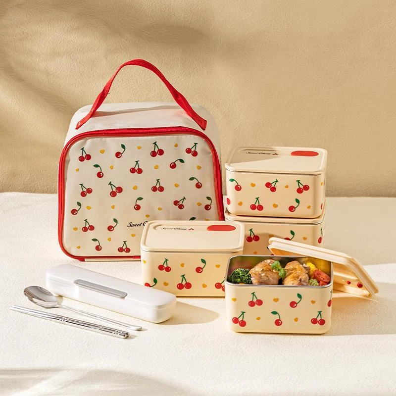 日本樱桃不锈钢保温饭盒上班族小学生专用微波炉加热便当餐盒