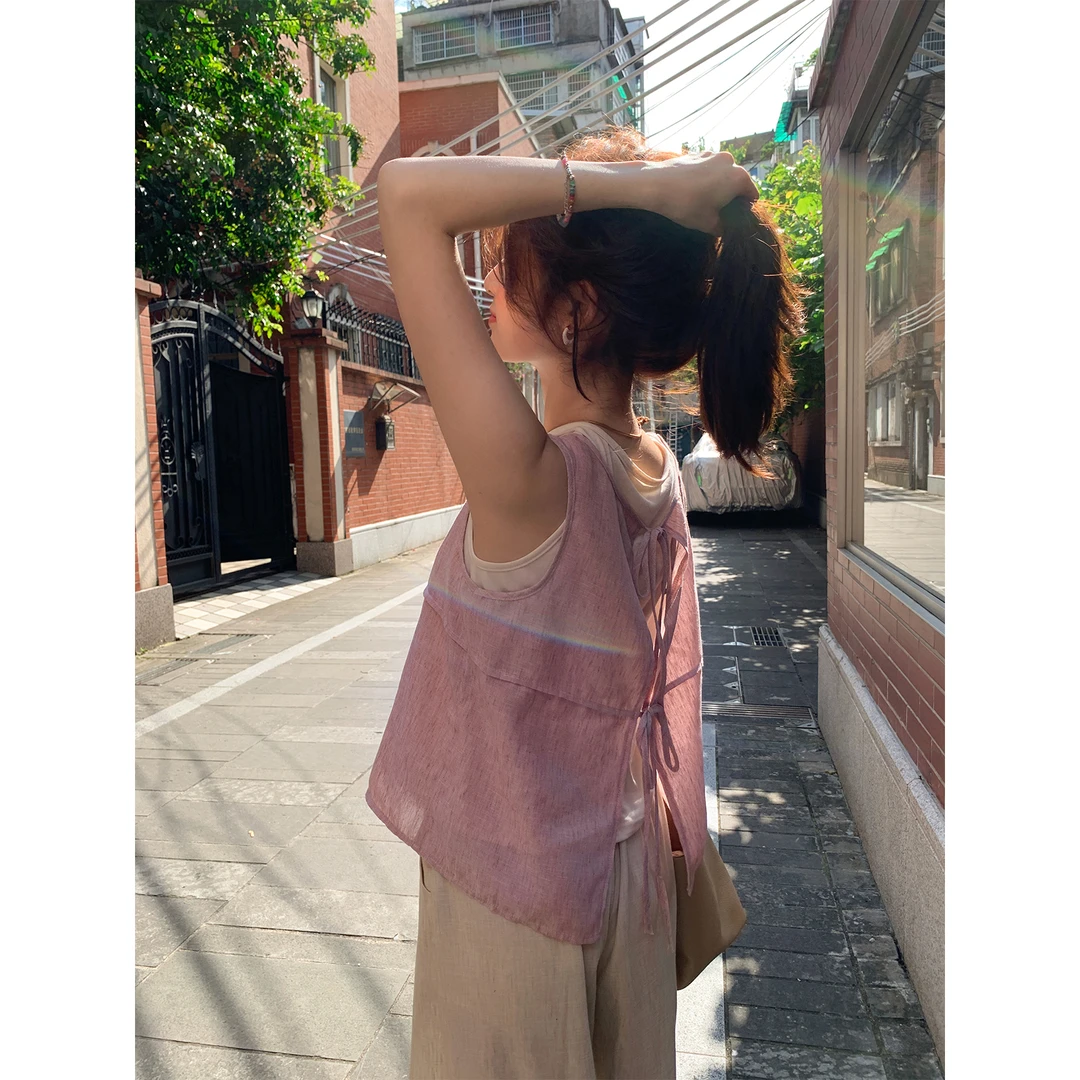 【西西里安】夏日流光~韩版设计款撞色后绑带假两件背心
