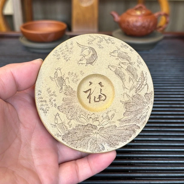 紫砂壶呈盖置手工刻绘九如图精品功夫茶具摆件原矿黄金段泥壶呈小