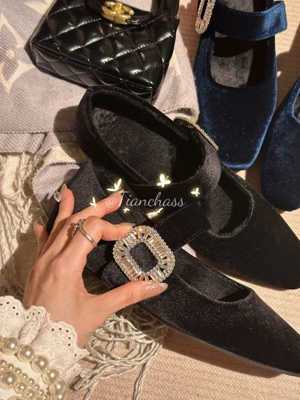 1【贵气逼人r家爆钻款】25早春新款气质丝绒内增高玛丽珍女鞋跟鞋