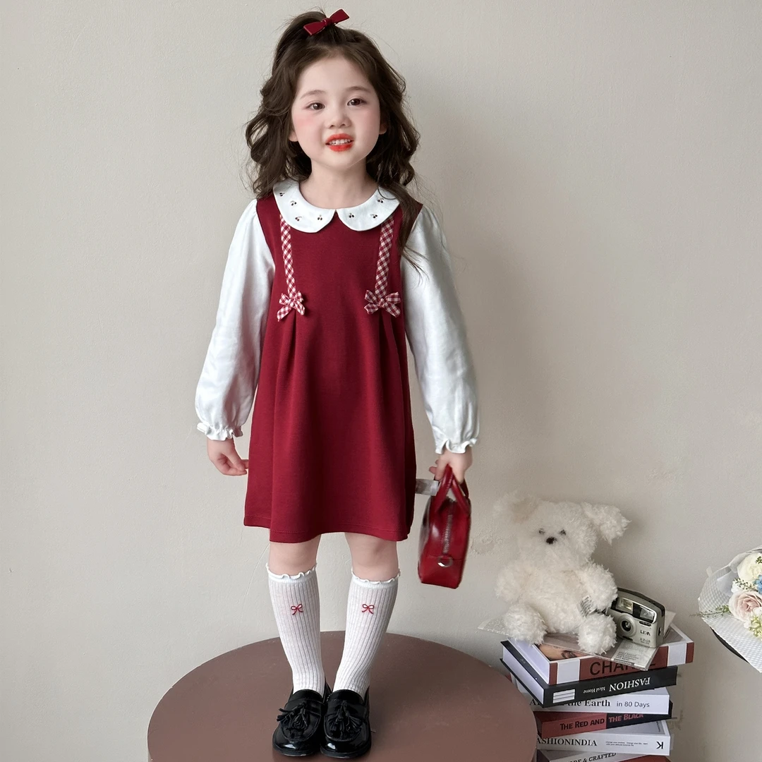 女童洋气翻领刺绣蝴蝶结连衣裙2025新款儿童秋装女宝宝时尚裙子潮