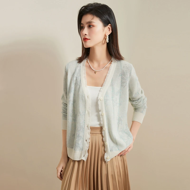 金菊【复古提花流苏】羊绒V领外套开衫休闲舒适女羊绒衫