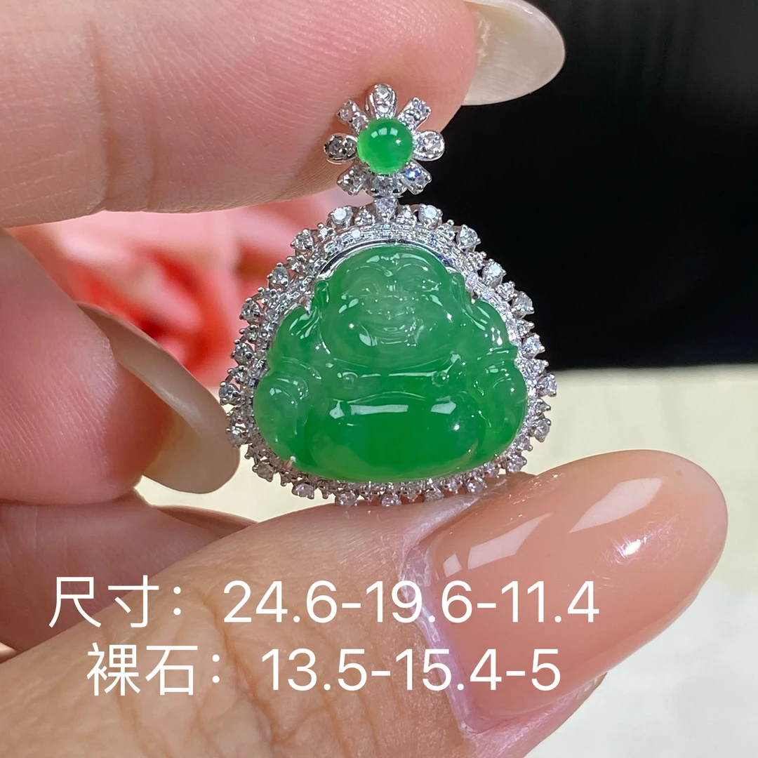 莱韵翡翠 18K金镶嵌阳绿满色佛公 缅甸天然A货翡翠