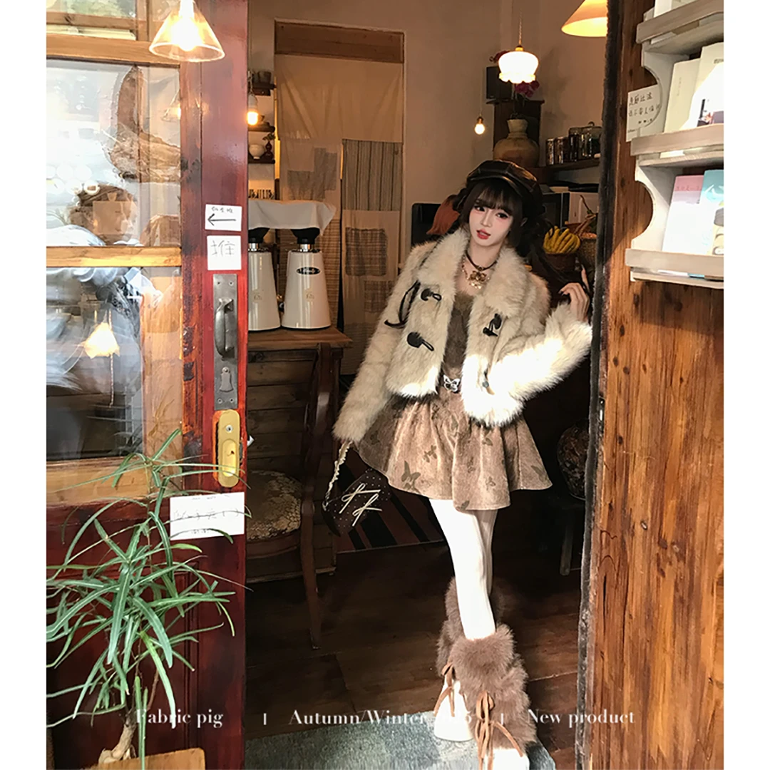 丝绒蝴蝶 织物猪原创 美拉德人工短外套女冬环保草毛绒上衣