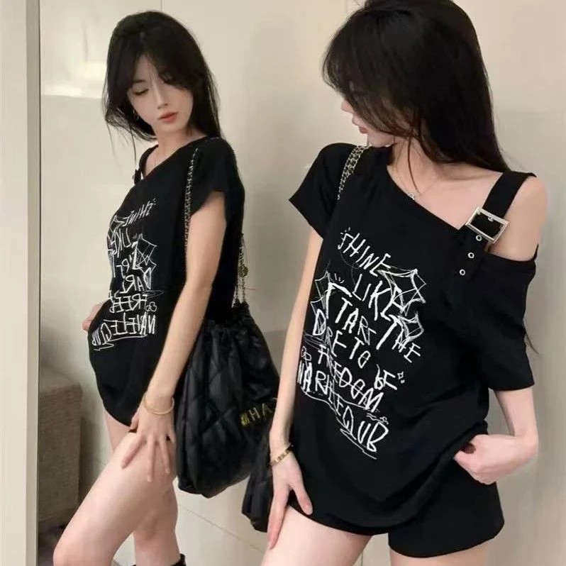 美式港风辣妹斜肩短袖t恤女夏季设计感小众露肩甜酷宽松显瘦上衣