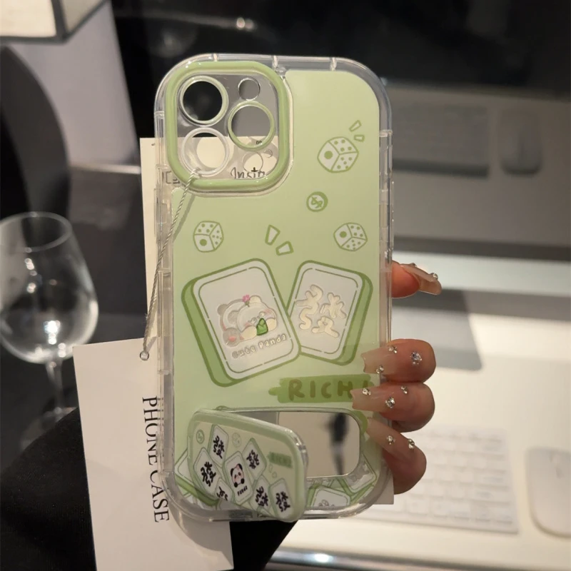 ins风适用苹果16pro泡芙羽纱手机壳iPhone15熊猫麻将华为小众oppo