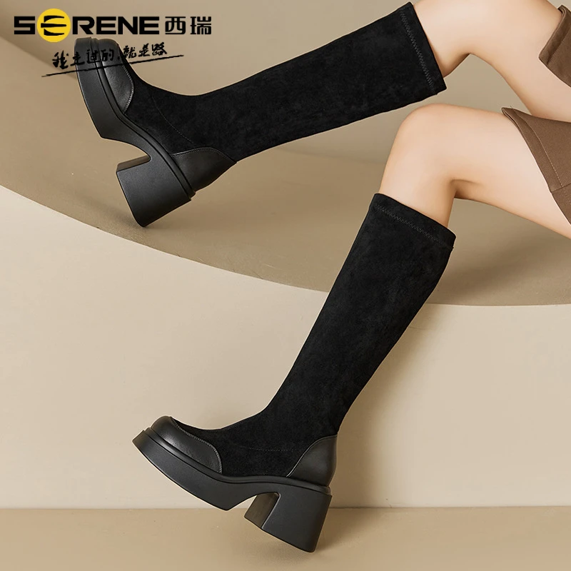 『明星同款』西瑞女鞋粗跟厚底显瘦小个子百搭冬季瘦瘦靴时尚女靴