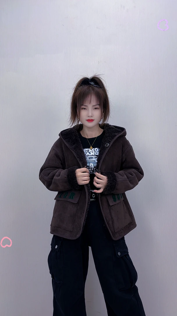 连帽冬季女装羊毛常规款宽松型加厚加绒纯色