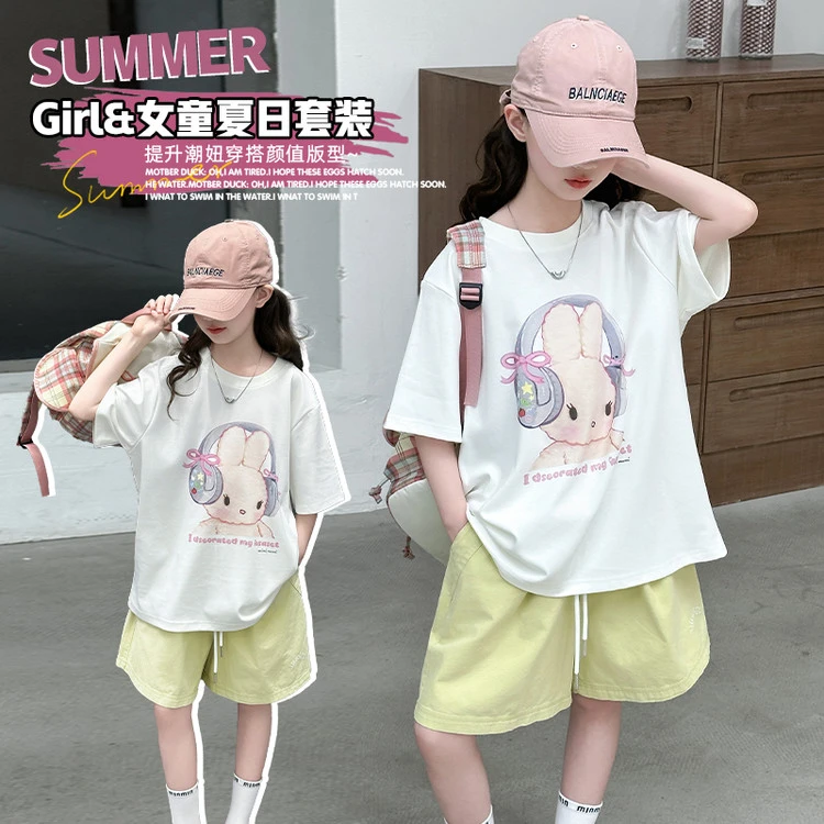 2025新款女童耳机兔T恤短裤套装