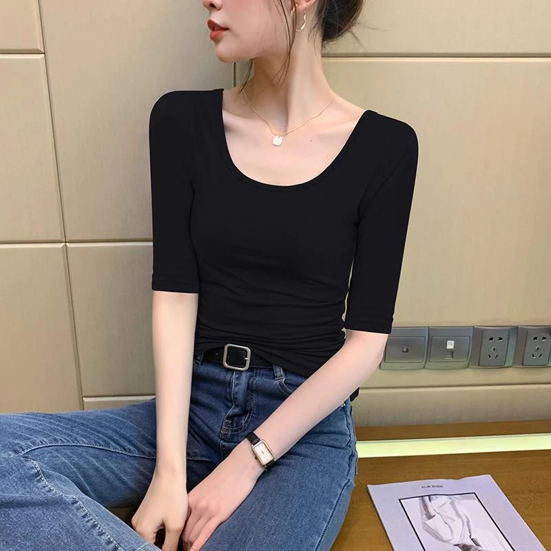 黑色莫代尔u领中袖t恤女春夏新款低领五分袖修身打底衫大领口上衣