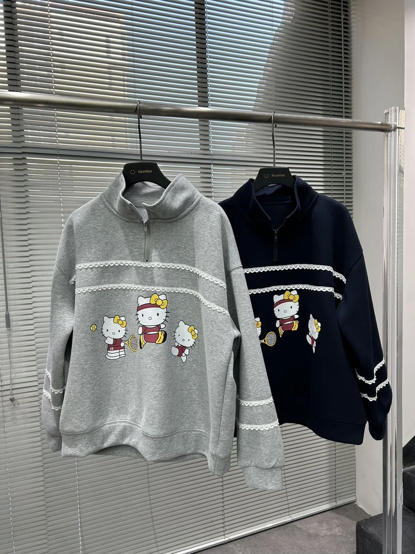 0272【春季新款】网球kitty拼接花边半拉链韩版休闲卫衣