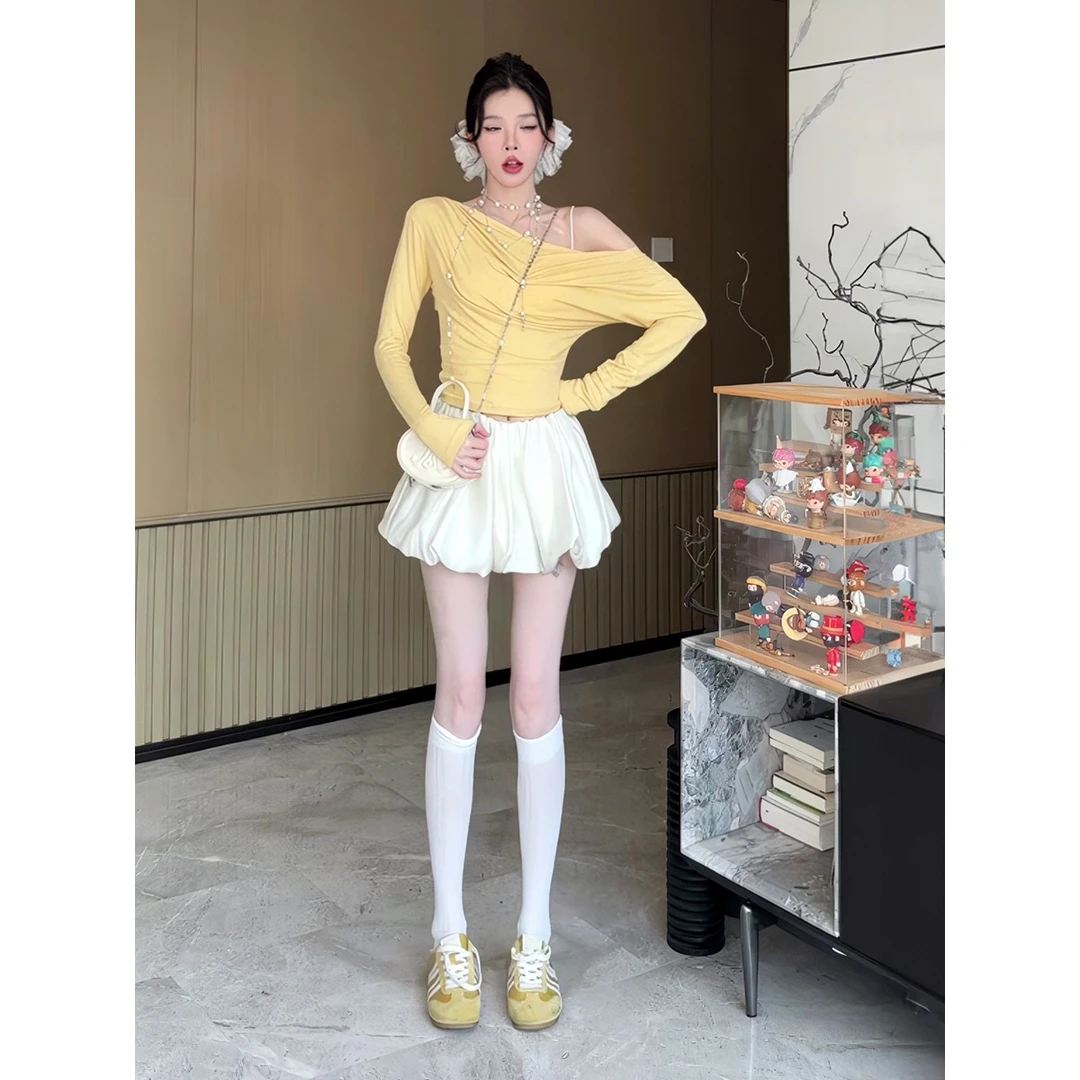 韩系纯欲斜领露肩后背设计感长袖T恤女春季新款修身显瘦气质上衣