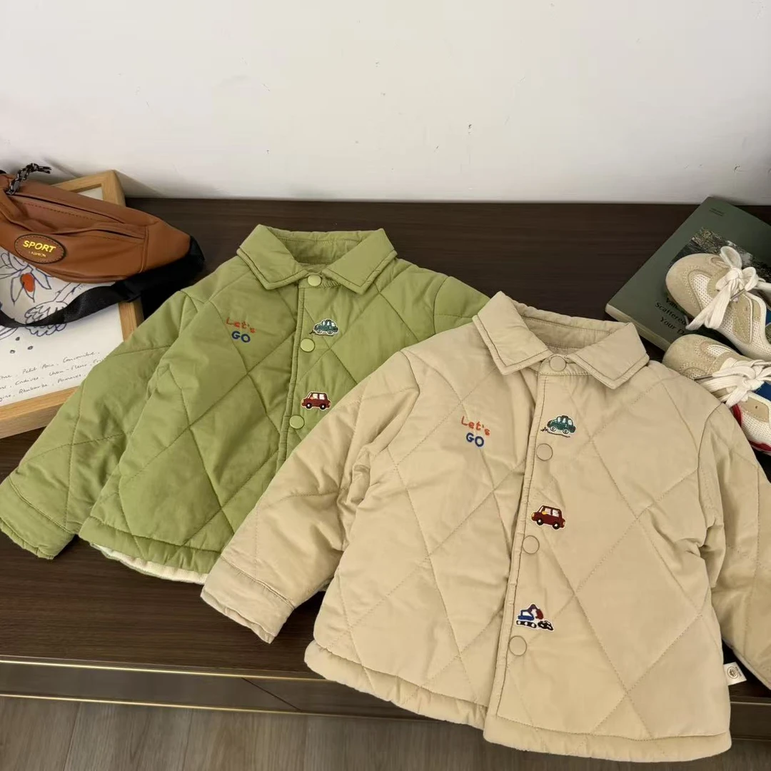 儿童秋冬卡通刺绣小汽车加棉加绒衬衫棉服H2511