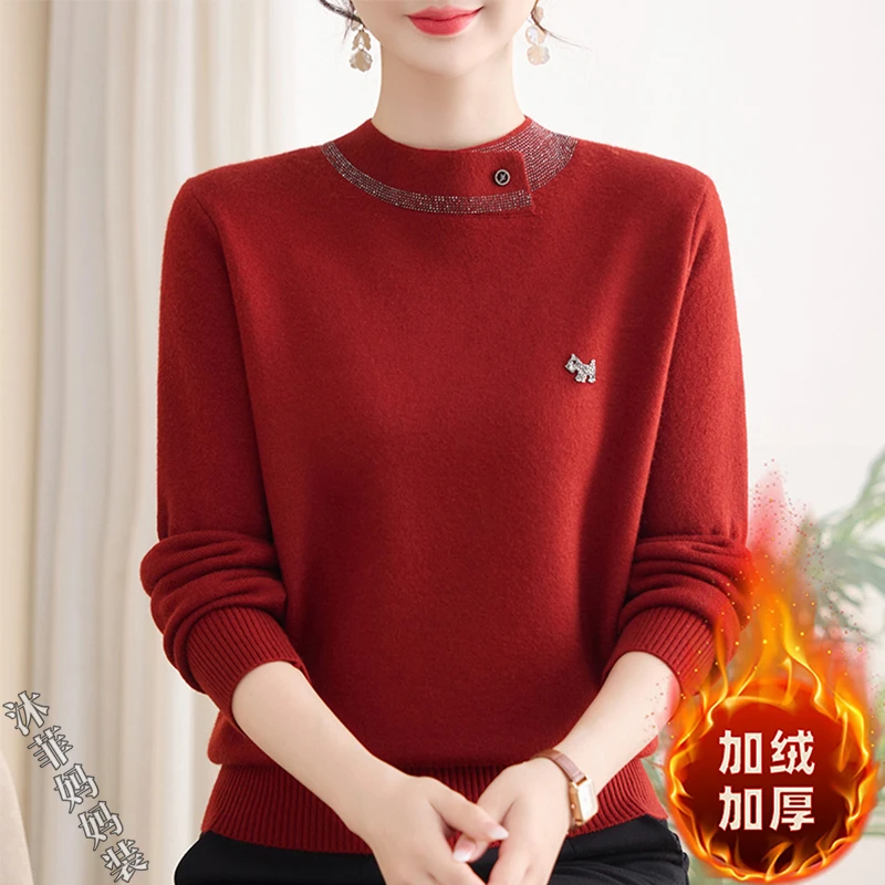 妈妈冬季加绒内搭毛衣2025新款中老年女洋气高贵针织衫打底上衣