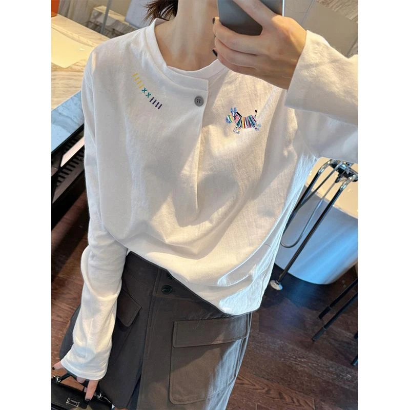 白色长袖t恤女2025早秋新款设计感一粒纽半开领显瘦遮肉上衣