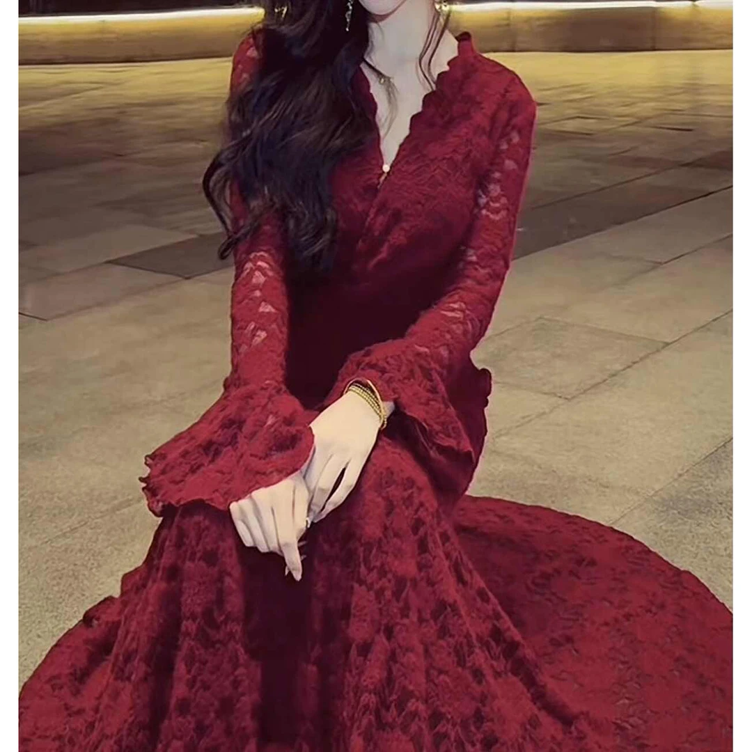 【复古红蕾丝步步生莲-加绒】潇夫人自制旗袍蕾丝温柔扭折喇叭袖