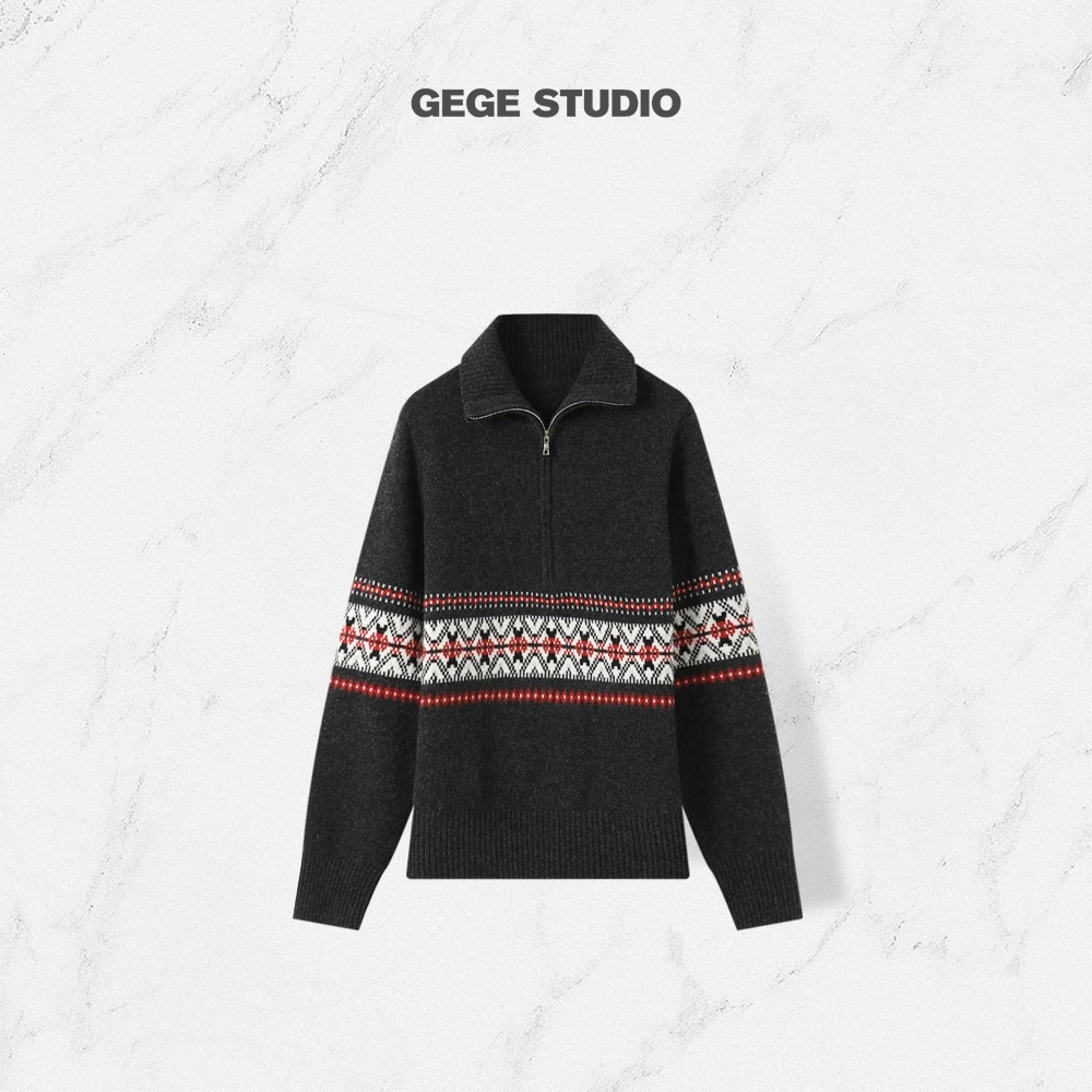 【格格】加厚100%羊毛 费尔岛提花 洋气减龄半拉链立领百搭针织衫