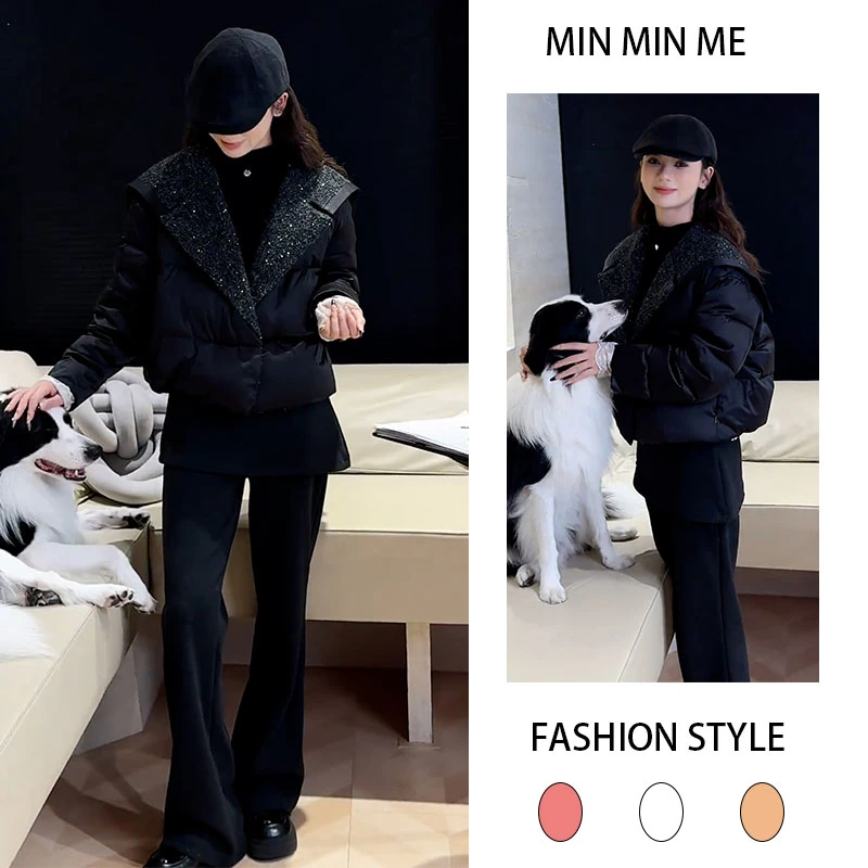 法式时尚气质老钱风翻领棉服2025秋冬季新款百搭加绒休闲裤两件套