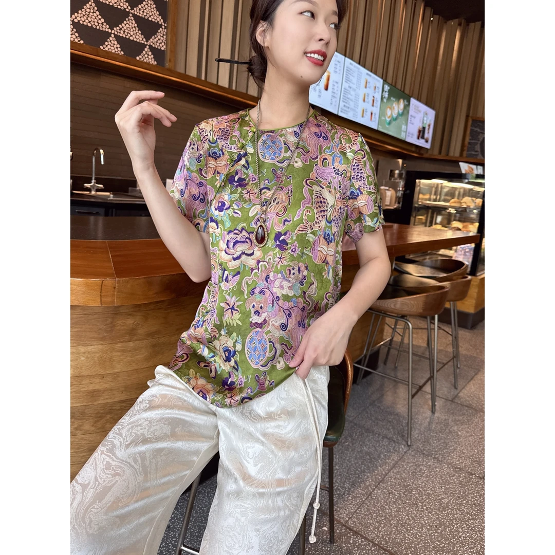 【深圳罗依】原创设计衬衫女金鱼狮子提花宽松中式气质时尚短袖上衣