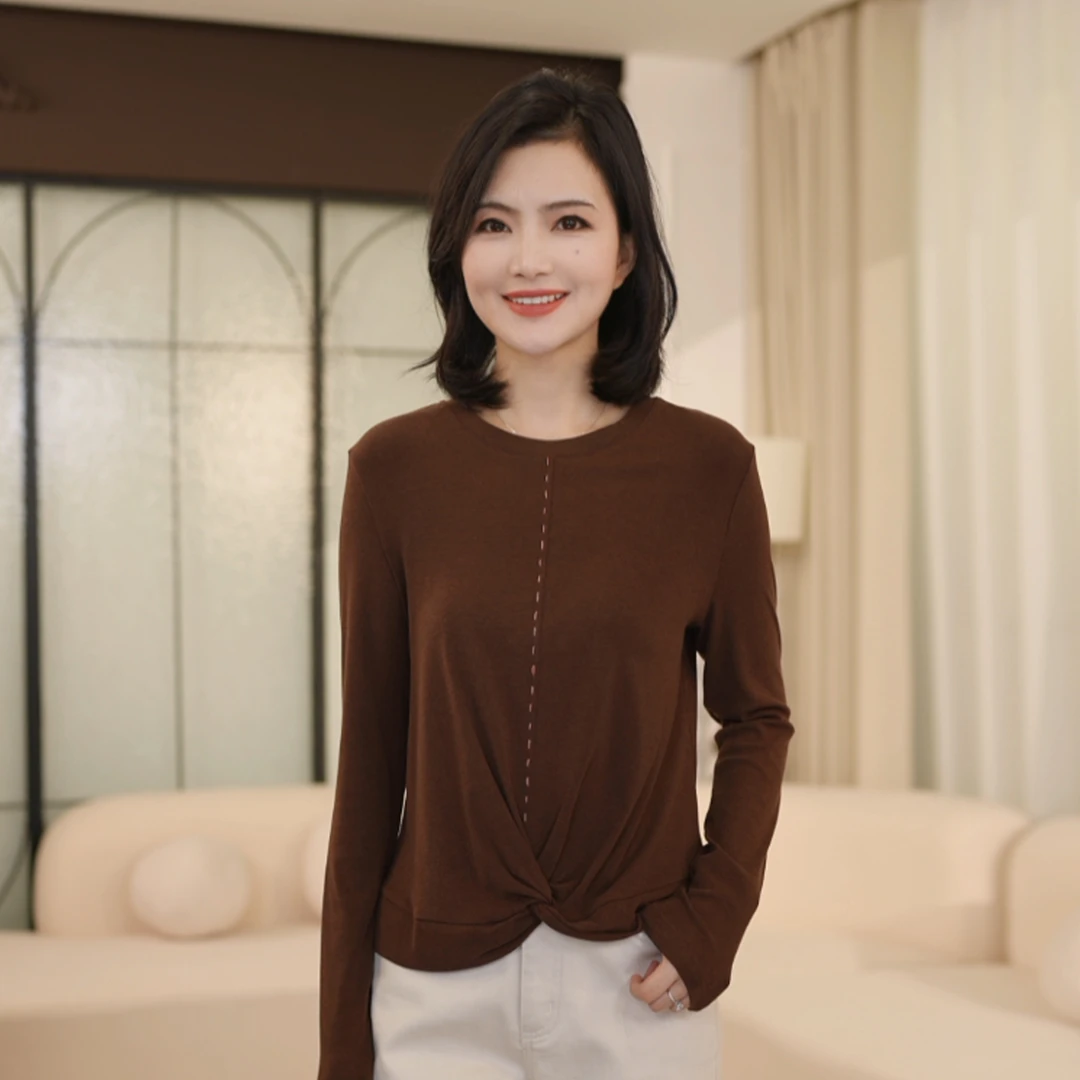 枫竺阿楠anan基础百搭扭结纯色圆领上衣女秋季打底衫宽松长袖T恤