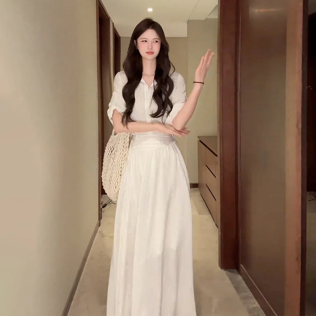 禅意清冷感穿搭衬衫连衣裙子女夏季简单大方气质套装长裙5081