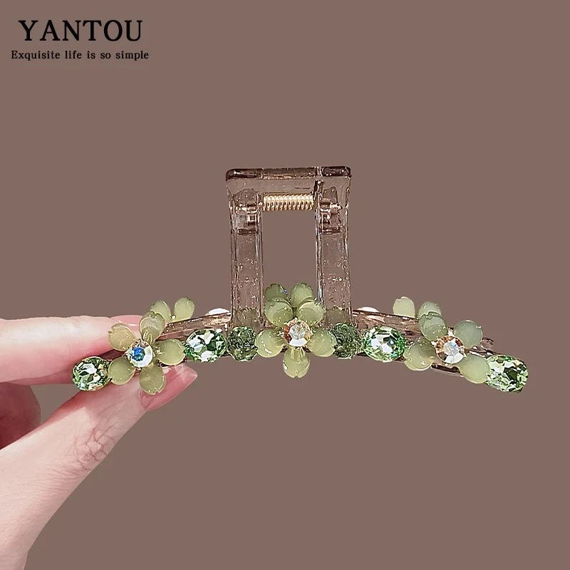 夏季新款抓夹绿色日韩水晶花朵大号鲨鱼夹子后脑勺发量多盘发头饰