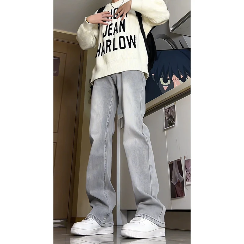 烟灰色美式高街牛仔裤男款vibe风高街弹力裤子窄版显瘦微喇休闲裤