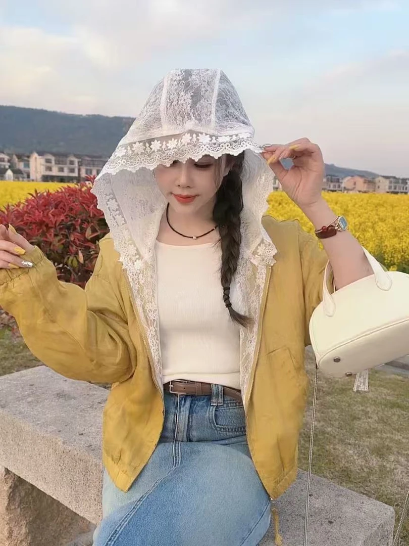 恰逢景梅子自留款休闲夏季短外套薄款外套女蕾丝苎麻防晒连帽外套