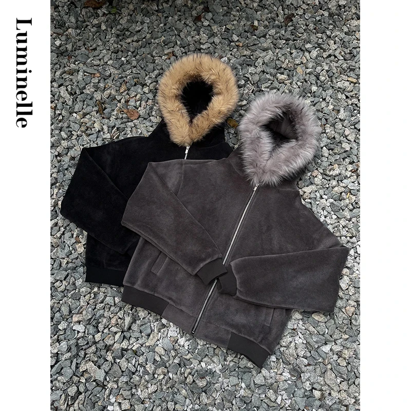 Luminelle 秋冬大毛领短绒廓形拉链连帽外套双色休闲宽松保暖卫衣