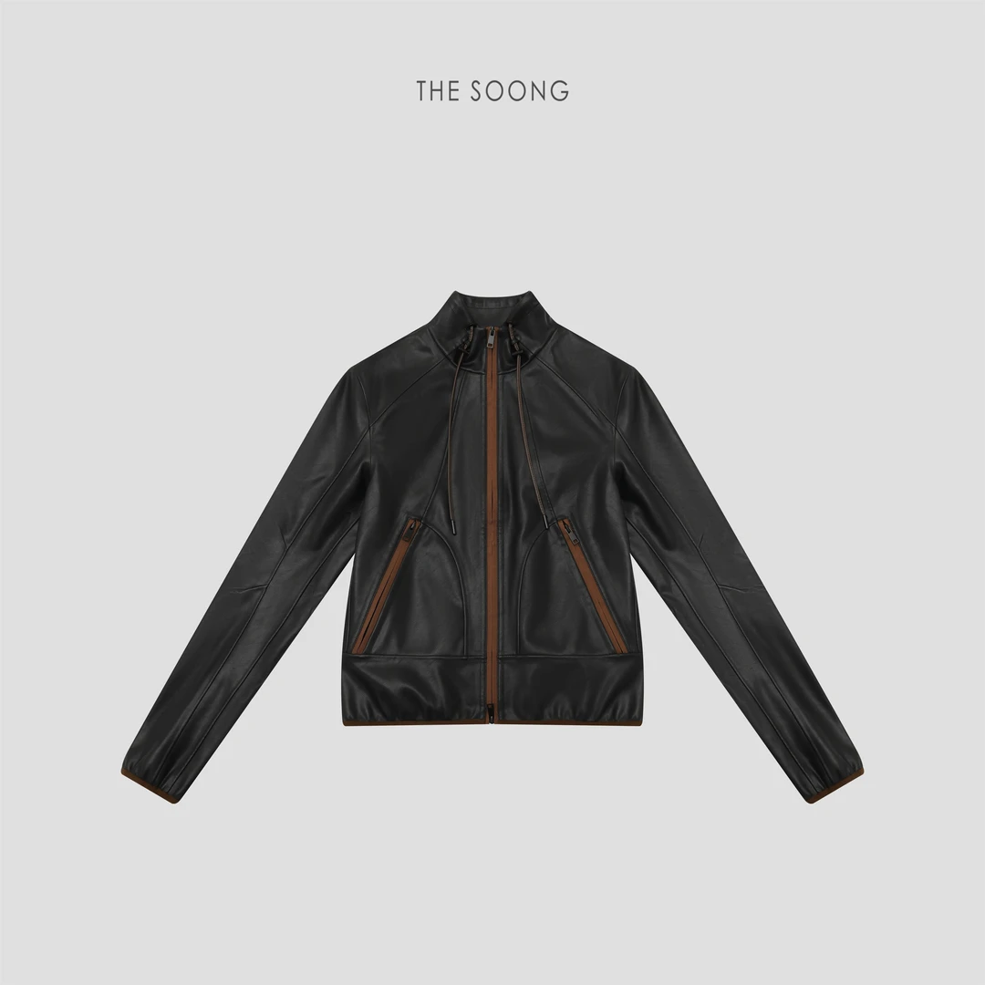 THESOONG|复古摩登"经典裁片蛋白皮细腻亮面撞色抽绳立领外套8507