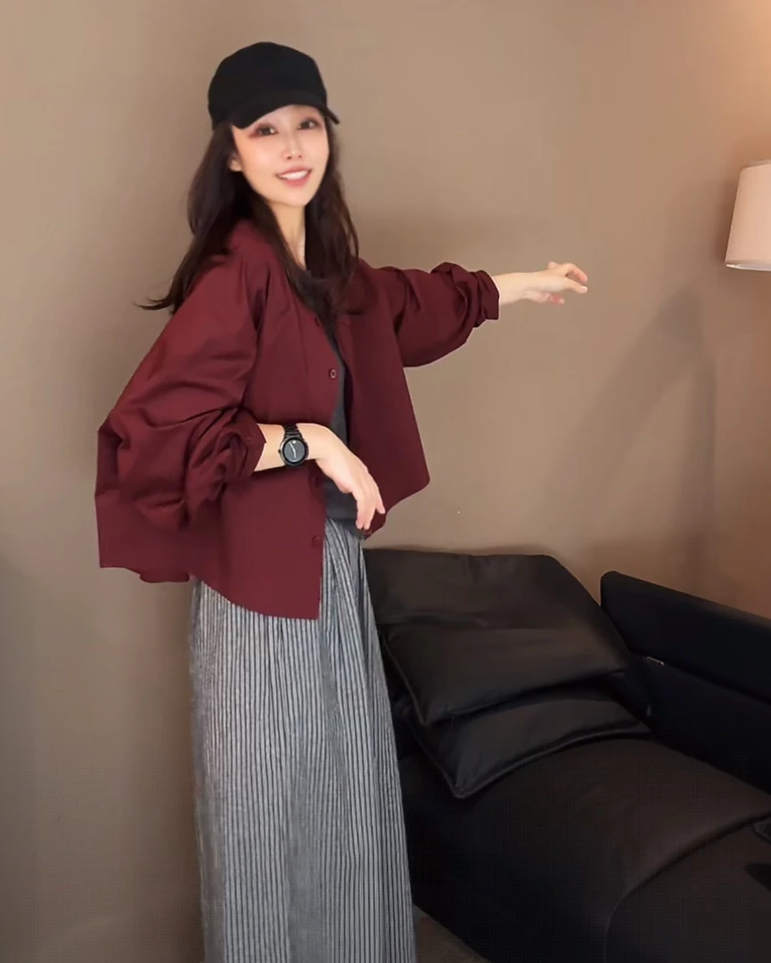 复古小个子穿搭松弛感显瘦气质圆领短款长袖衬衫外套上衣女-24392