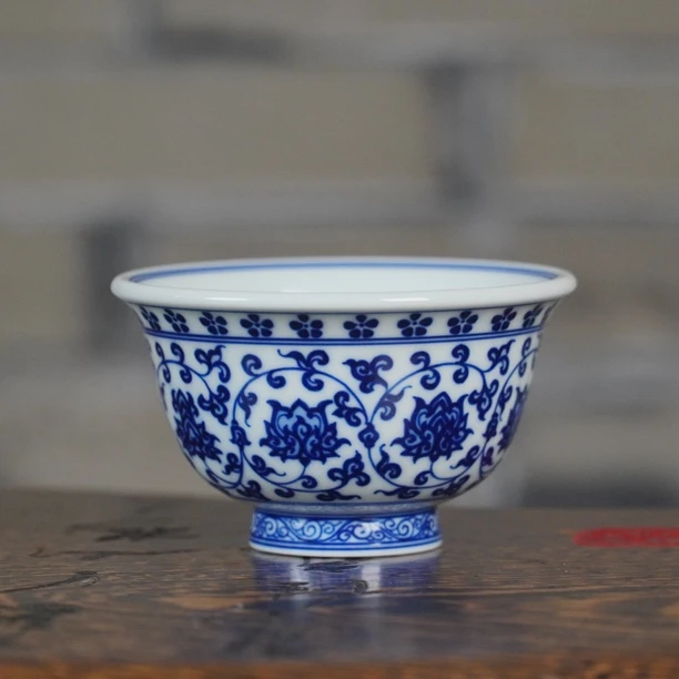 见燃柴窑青花仿明永乐家用中式压手杯陶瓷茶杯主人杯高档伴手礼