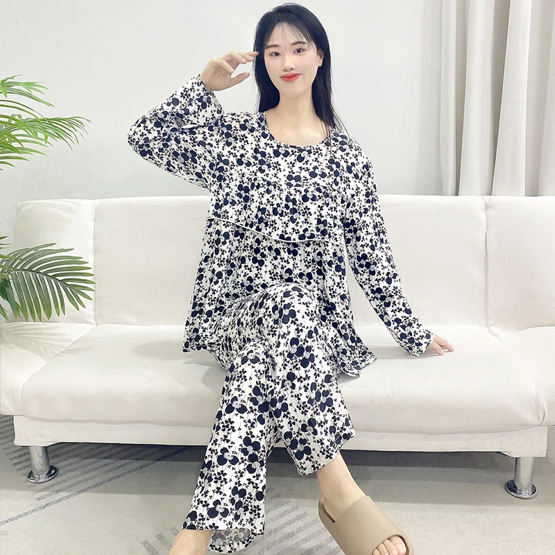 2025新款夏季棉绸睡衣女防凸点长袖可外出不带胸垫家居服套装Y110