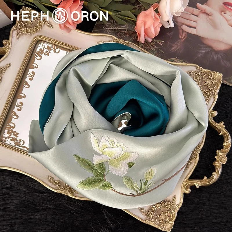 HEPHSORON苏绣丝巾礼盒送妈妈栀子花刺绣高级感桑蚕丝真丝围巾