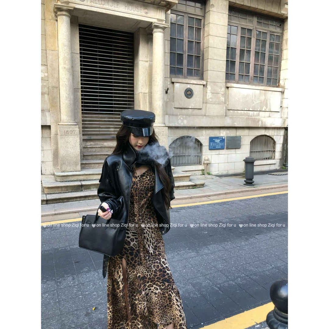 美式皮衣女秋冬季高级感阔版外套+豹纹飘带连衣裙两件套701 561