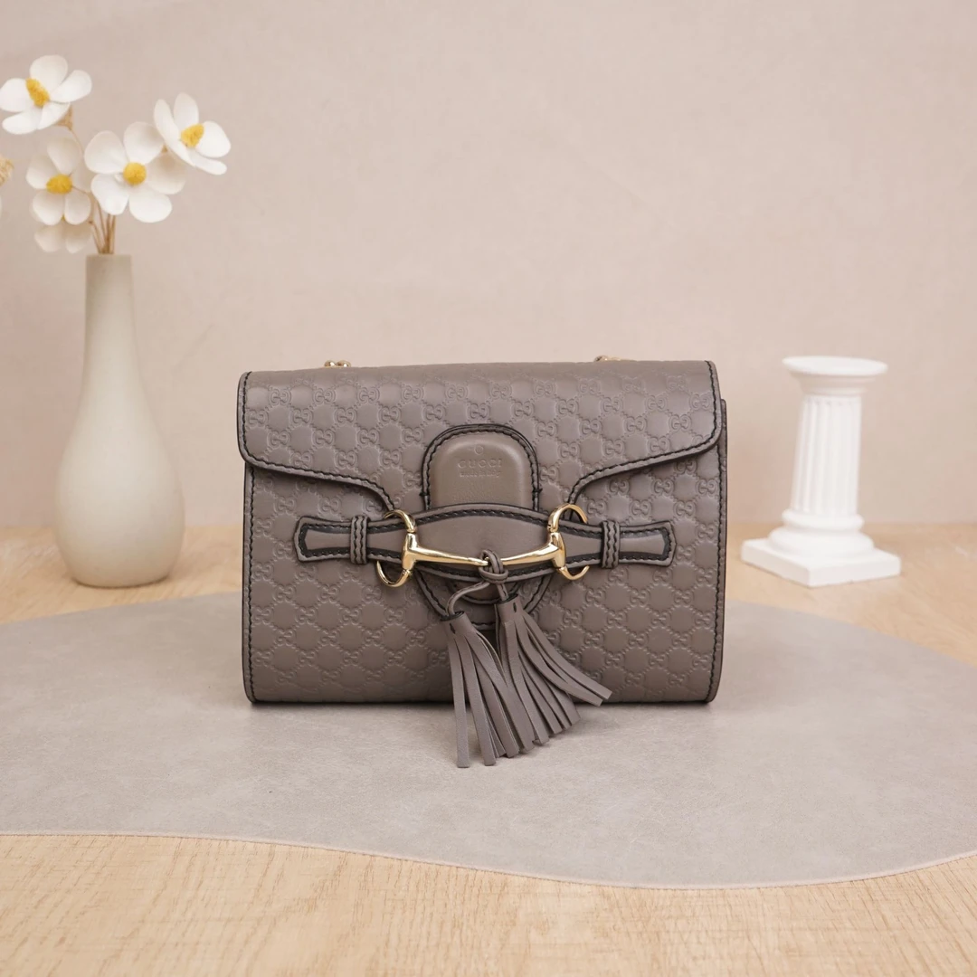 95新 GUCCI/古驰 古驰流苏肩背包小号灰色牛皮DS200516