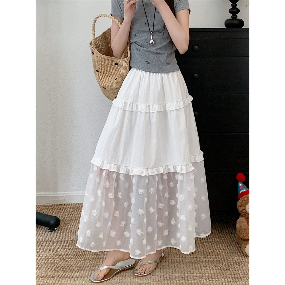 2025春夏新款立体植绒花朵白色仙女半身长裙气质蓬蓬蛋糕裙女