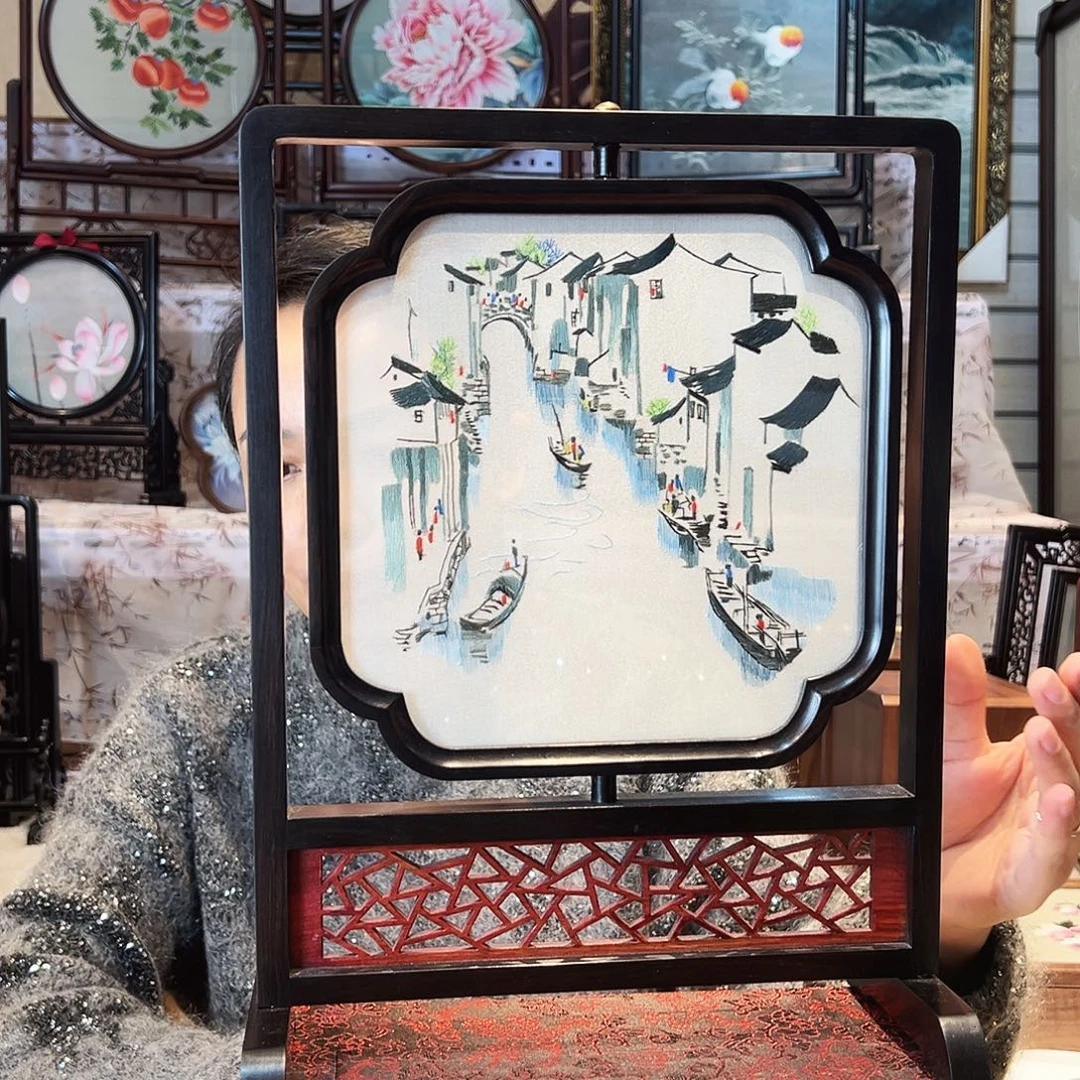 织绣苏绣摆台檀木手工双面