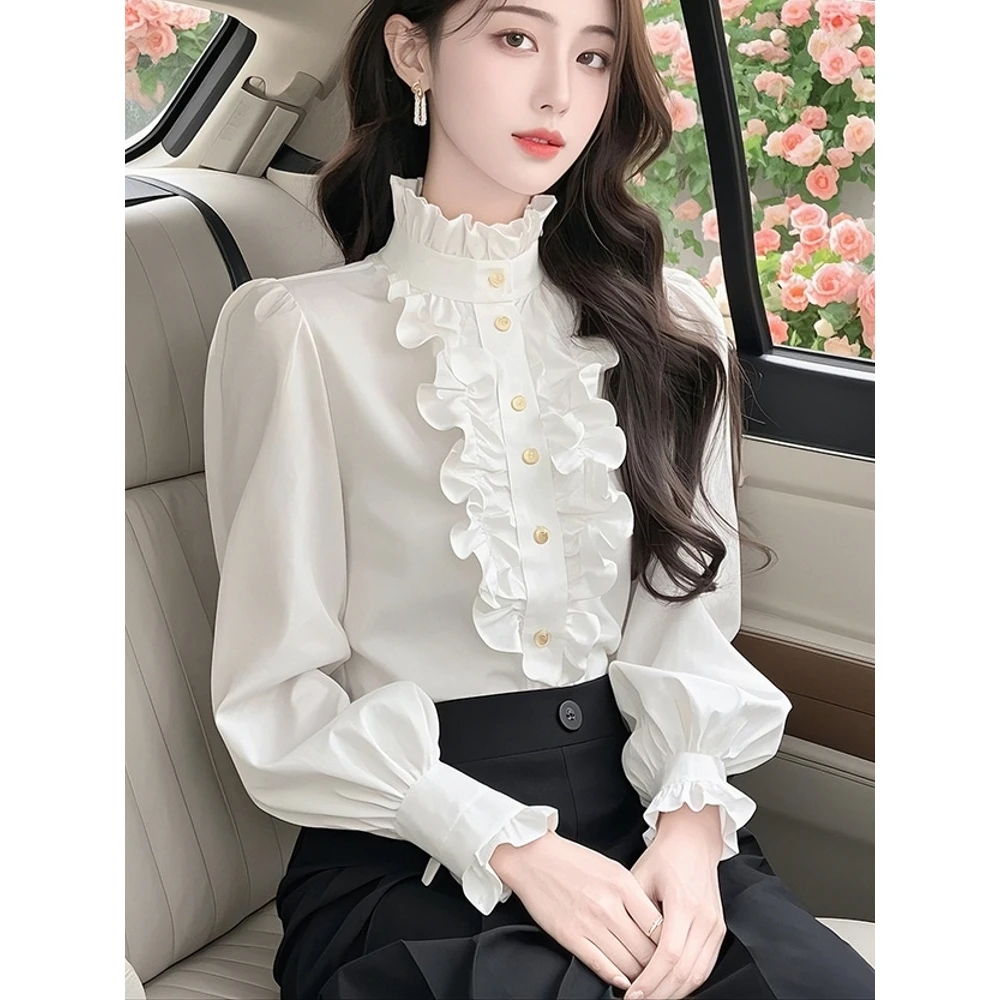 春秋爆款2025年法式高档木耳边立领白色衬衫洋气百搭女士打底上衣