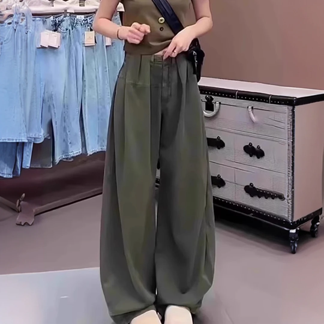 大码美式弯刀休闲裤女夏季薄款胖mm梨形显瘦宽松拖地阔腿工装裤子