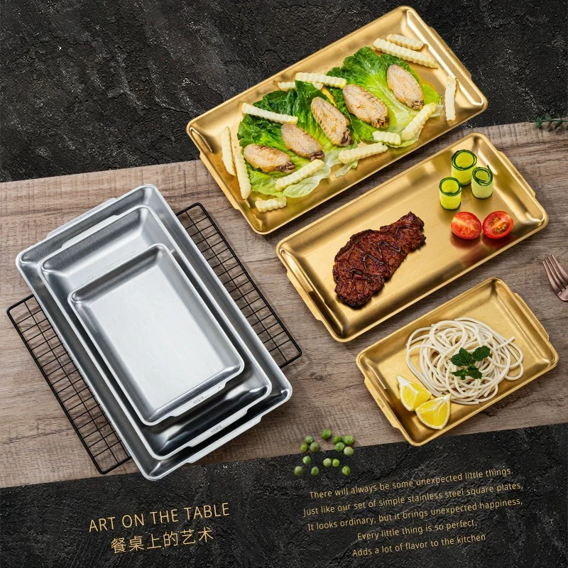 韩式烤肉盘不锈钢长方形盘烧烤盘餐厅寿司装菜盘加厚平底托盘商用