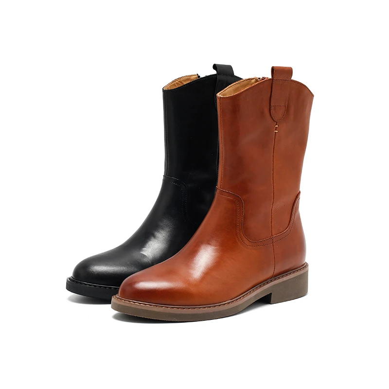 3357-5洗水牛皮秋冬百搭牛仔靴中筒靴英伦风切尔西靴女厚底马丁靴