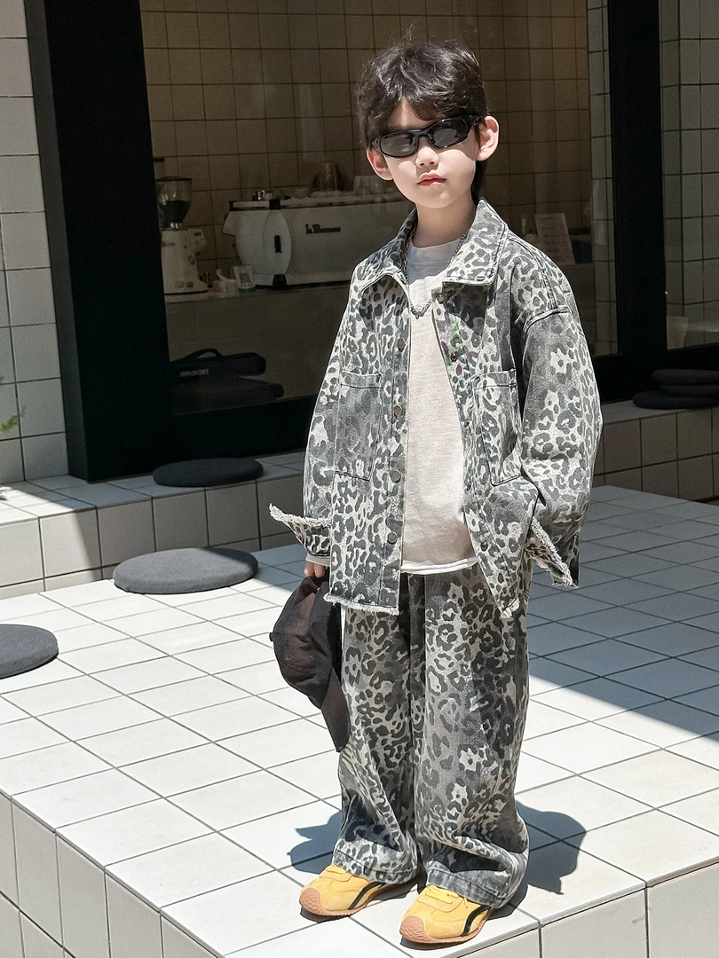 男童套装儿童韩版2025秋季新款豹纹休闲童装极简风牛仔两件套潮酷