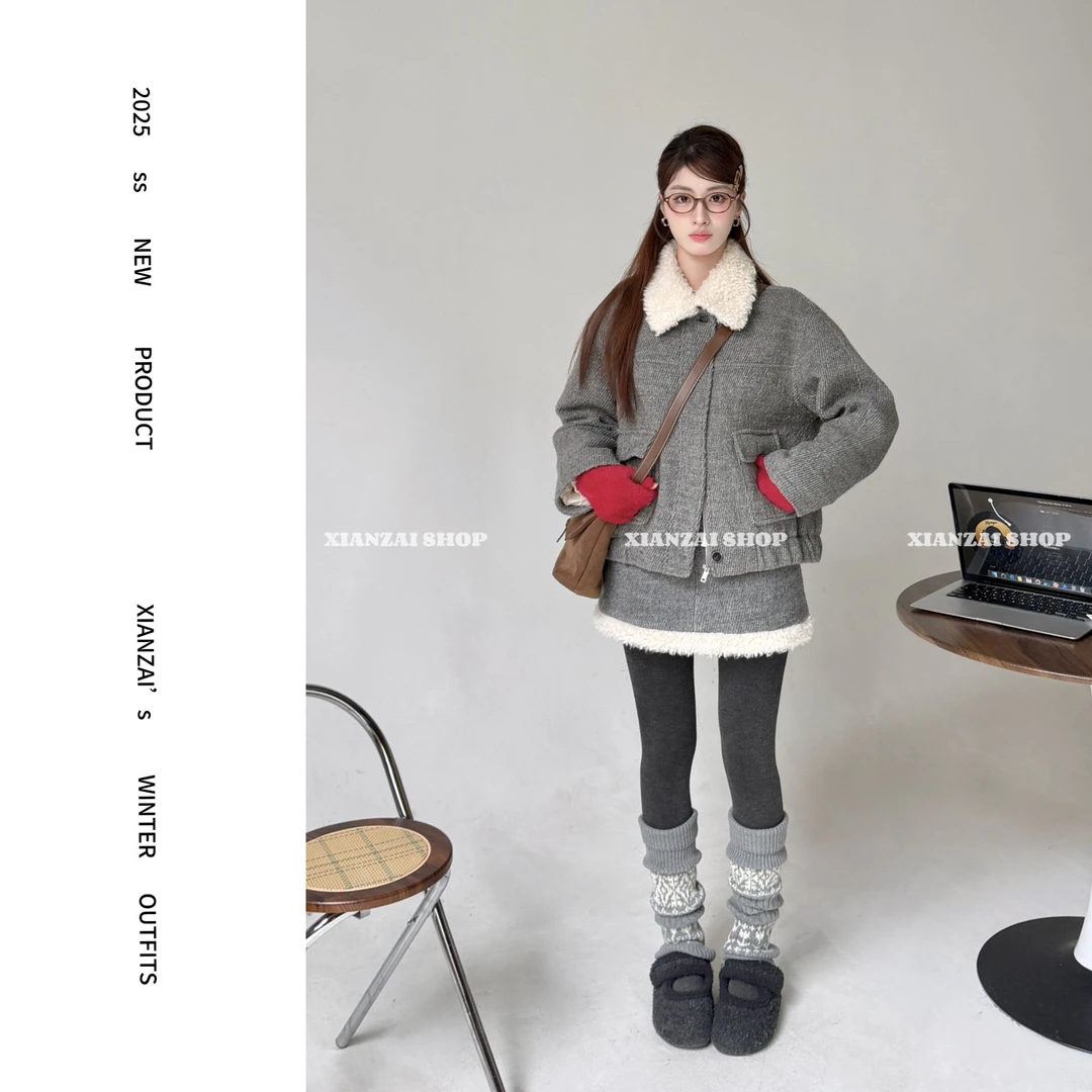XIANZAI【雪夜暖歌】冬季新款可拆卸毛毛领羊毛羽绒外套短裙两件套