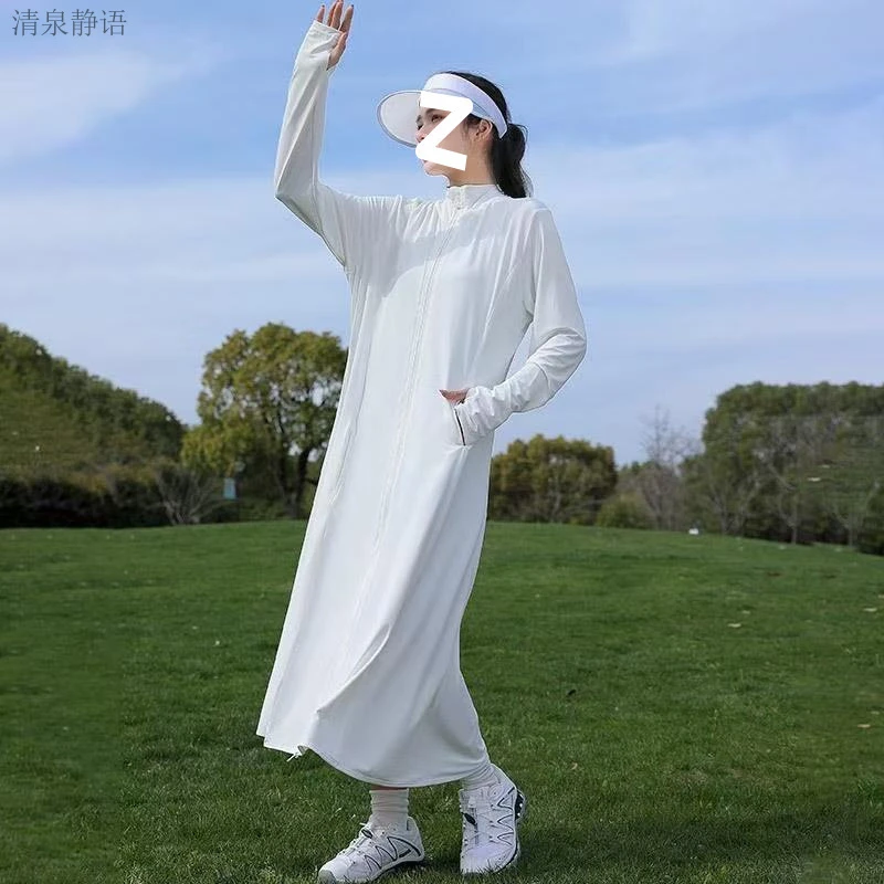 女士夏季新款机车风冰丝长款全身防晒开衫裙外套防紫外线连帽