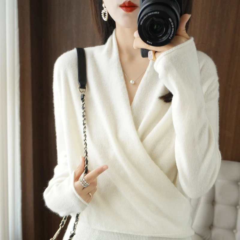 常规修身显瘦秋冬全羊毛针织套头衫韩版交叉V字领简约纯色收腰款