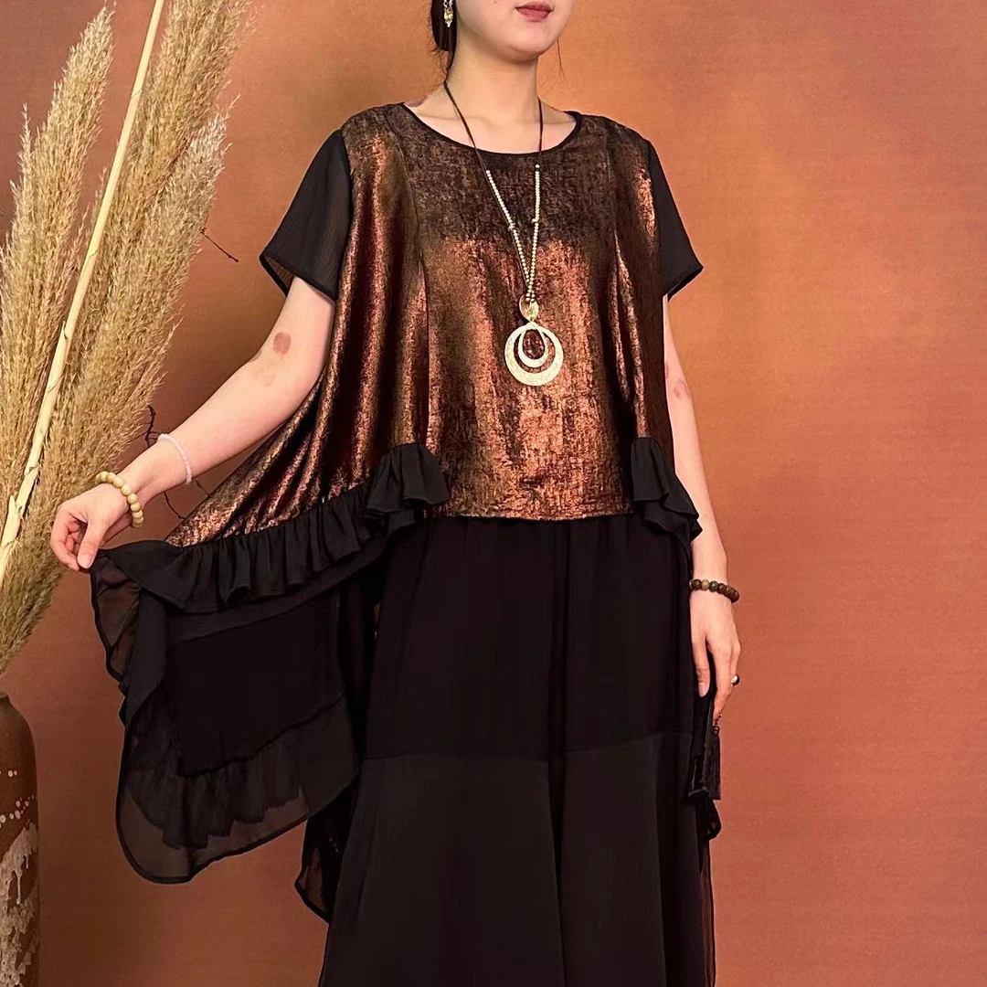 【大海轻奢】BF32429新款咖金木耳边拼纱带袖设计师款时尚上衣